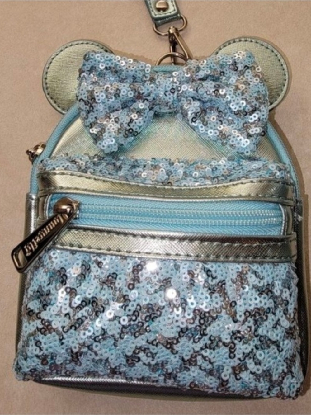 Loungefly Frozen Minnie Mouse Aqua Sequin Wristlet